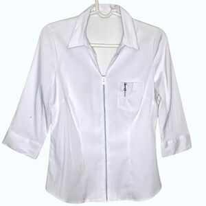 White Satin Zip Front Blouse Collared  Stretchy Women Top